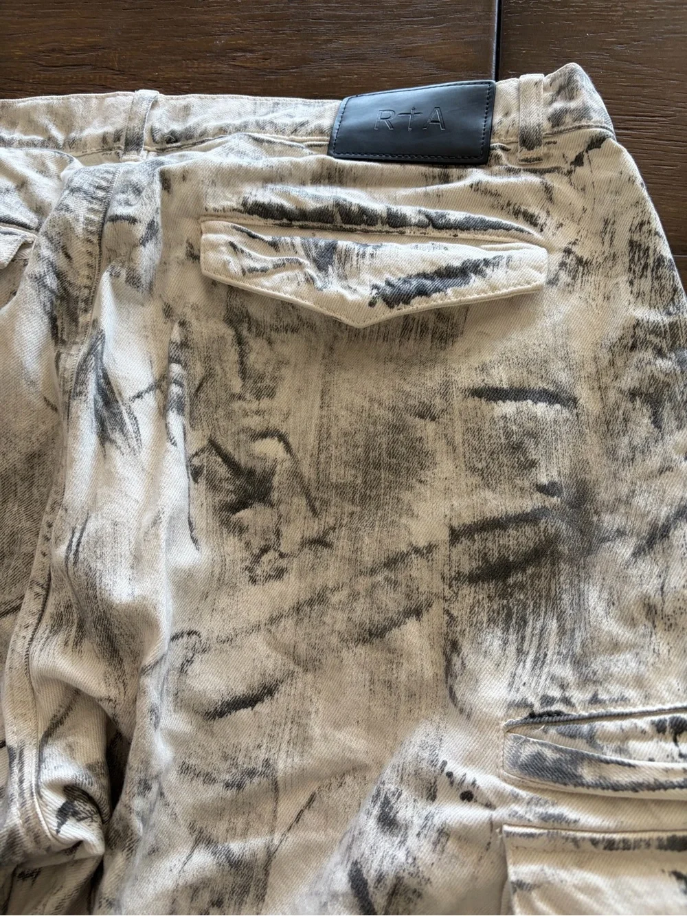 RtA Men’s Cargo Pants - White with Black Wash Effect Premium Italian Denim
